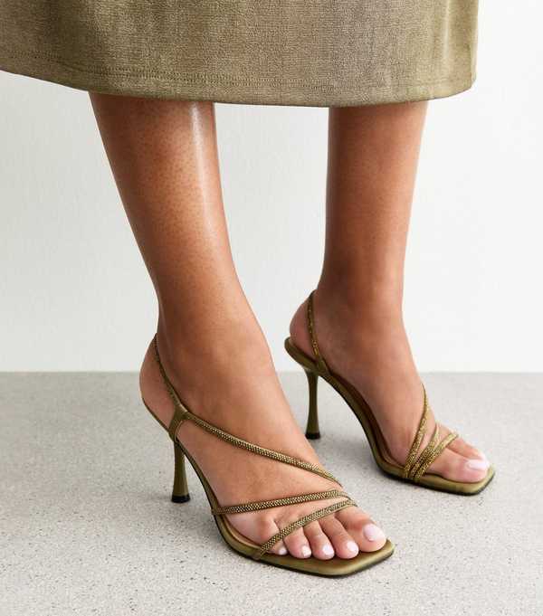 new look Olive Green Asymmetric Strap Stiletto Heel Sandals