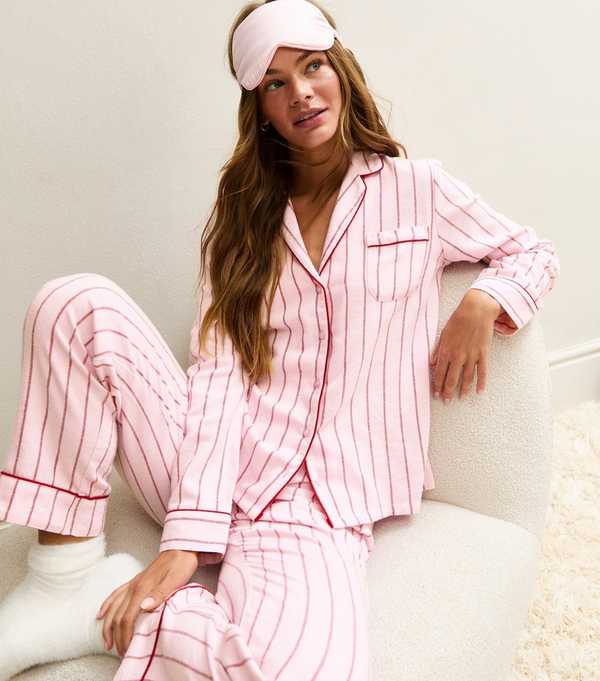 new look Pale Pink Pinstripe Long Sleeve Shirt and Trousers Pyjama Set