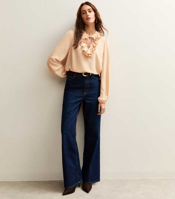 New Look Pale Pink Ruffled Tie Neck Long Sleeve Blouse