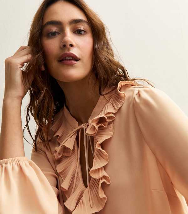 New Look Pale Pink Ruffled Tie Neck Long Sleeve Blouse