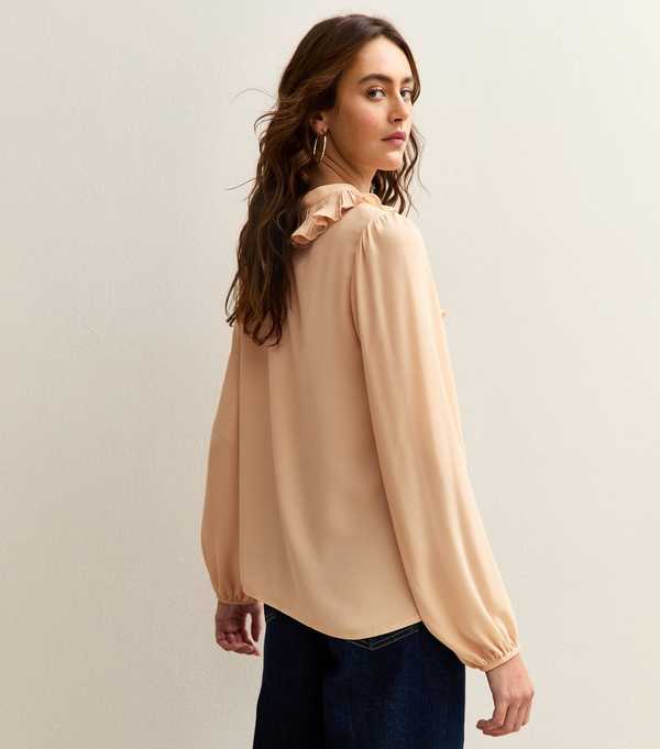 New Look Pale Pink Ruffled Tie Neck Long Sleeve Blouse