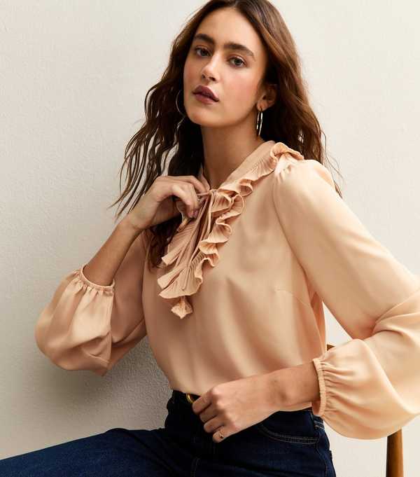 new look Pale Pink Ruffled Tie Neck Long Sleeve Blouse