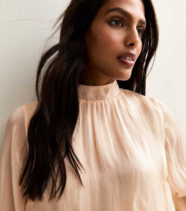 New Look Pale Pink Shimmer High Neck Bubble Hem Blouse