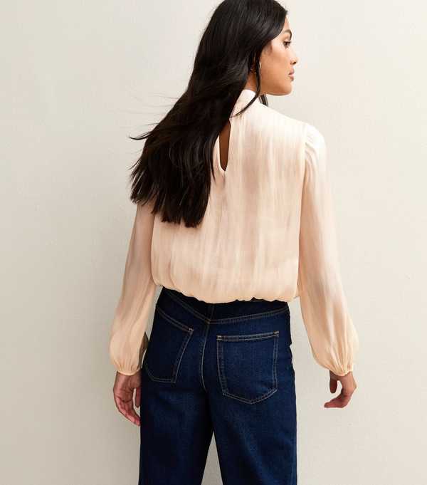 New Look Pale Pink Shimmer High Neck Bubble Hem Blouse