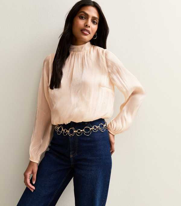 new look Pale Pink Shimmer High Neck Bubble Hem Blouse