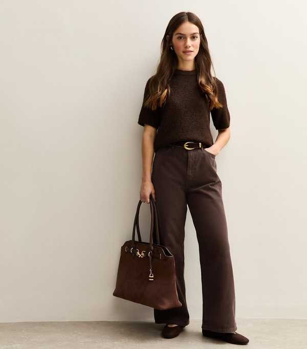 new look Petite Brown Adalae High Waisted Wide Leg Jeans