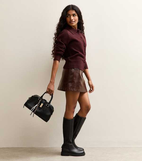 New Look Petite Dark Brown Cracked Faux Leather Mini Skirt