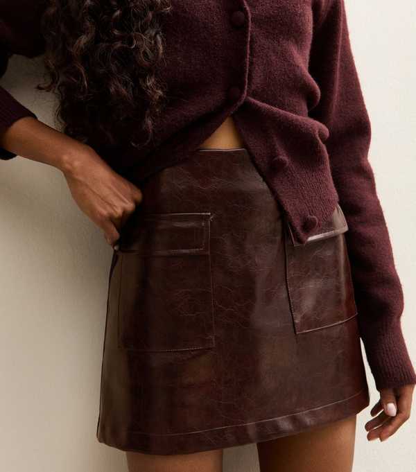 New Look Petite Dark Brown Cracked Faux Leather Mini Skirt
