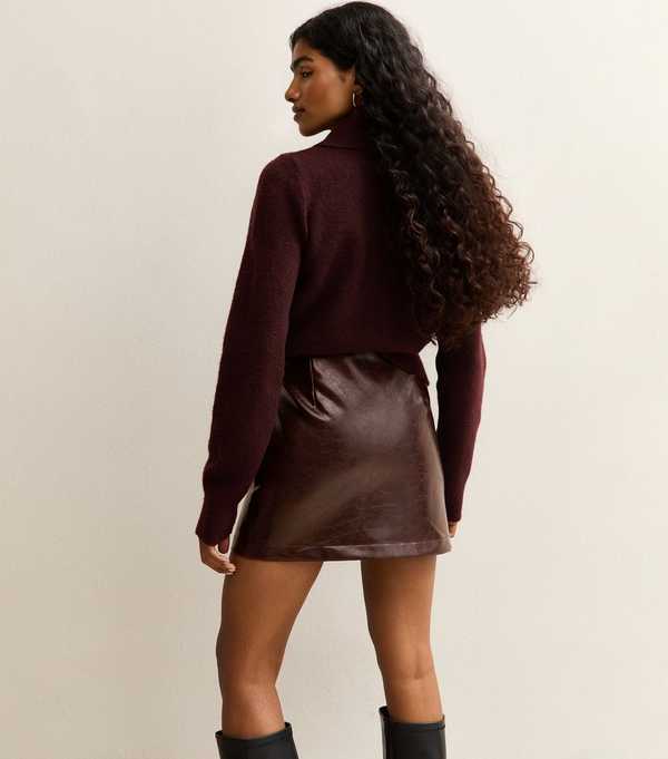 New Look Petite Dark Brown Cracked Faux Leather Mini Skirt