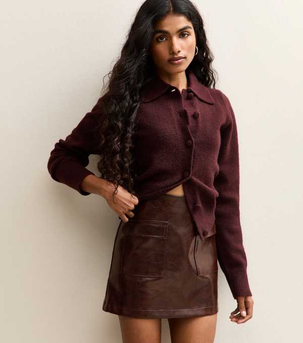 new look Petite Dark Brown Cracked Faux Leather Mini Skirt