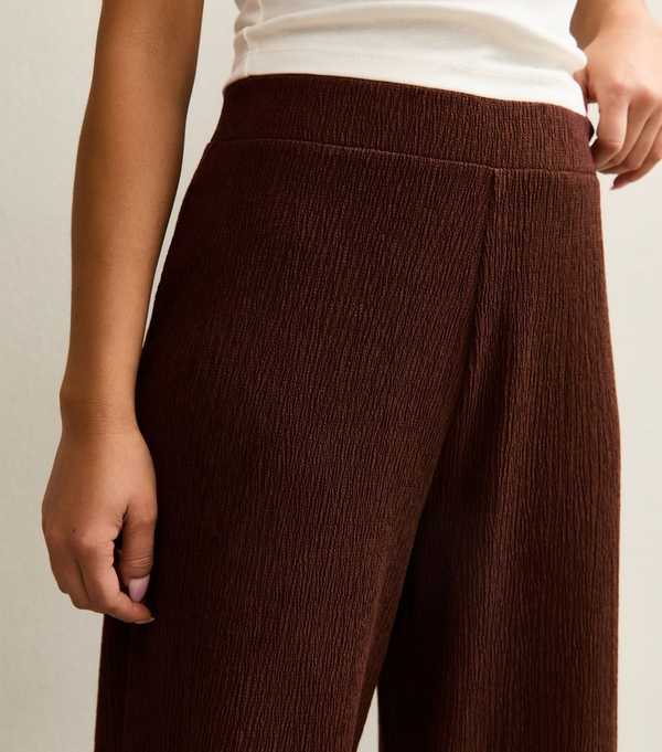 New Look Petite Dark Brown Crinkled Jersey Wide Leg Trousers