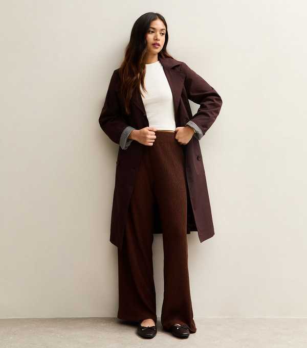 New Look Petite Dark Brown Crinkled Jersey Wide Leg Trousers