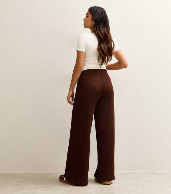 New Look Petite Dark Brown Crinkled Jersey Wide Leg Trousers