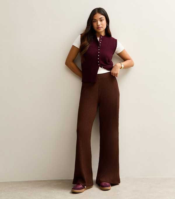 new look Petite Dark Brown Crinkled Jersey Wide Leg Trousers