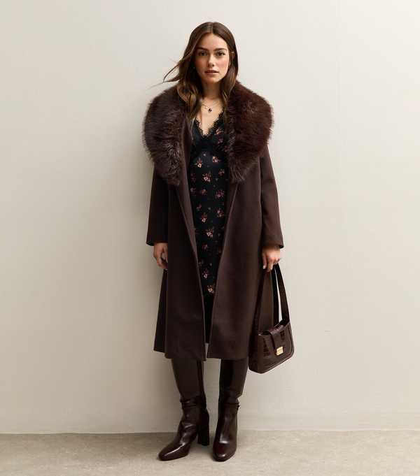 New Look Petite Dark Brown Faux Fur Collar Belted Coat