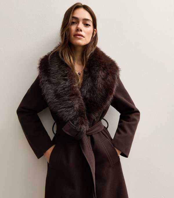 New Look Petite Dark Brown Faux Fur Collar Belted Coat