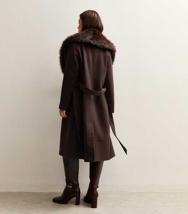 New Look Petite Dark Brown Faux Fur Collar Belted Coat