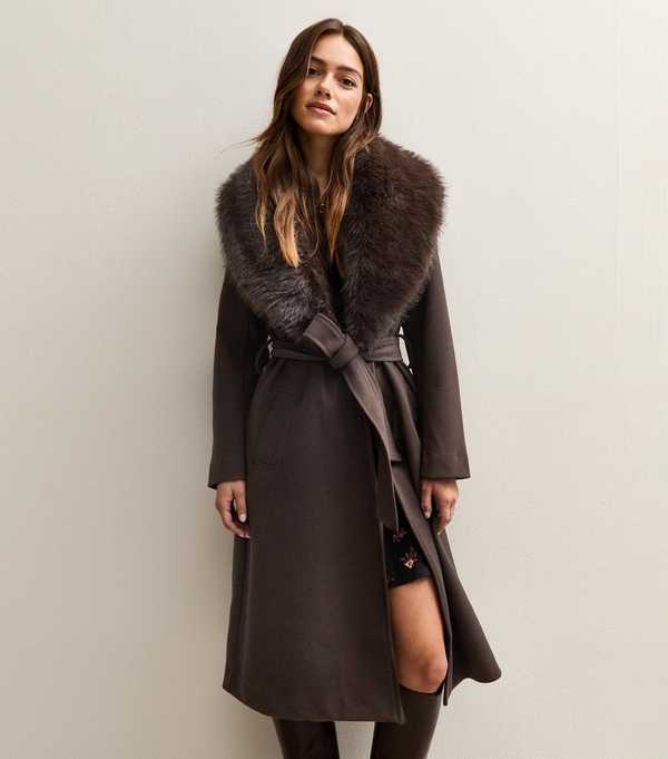 new look Petite Dark Brown Faux Fur Collar Belted Coat