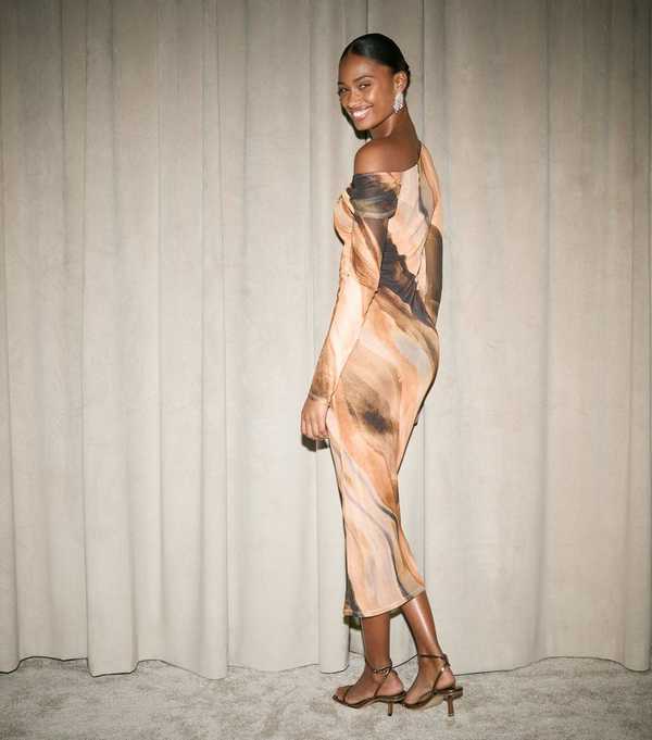 New Look Pink And Grey Mesh Marble Print Midi Dress