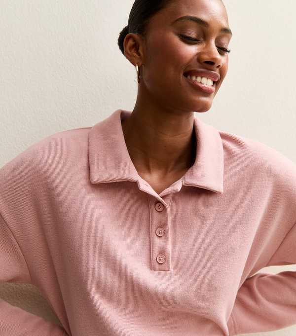New Look Pink Soft Touch Longline Button Up Polo Top