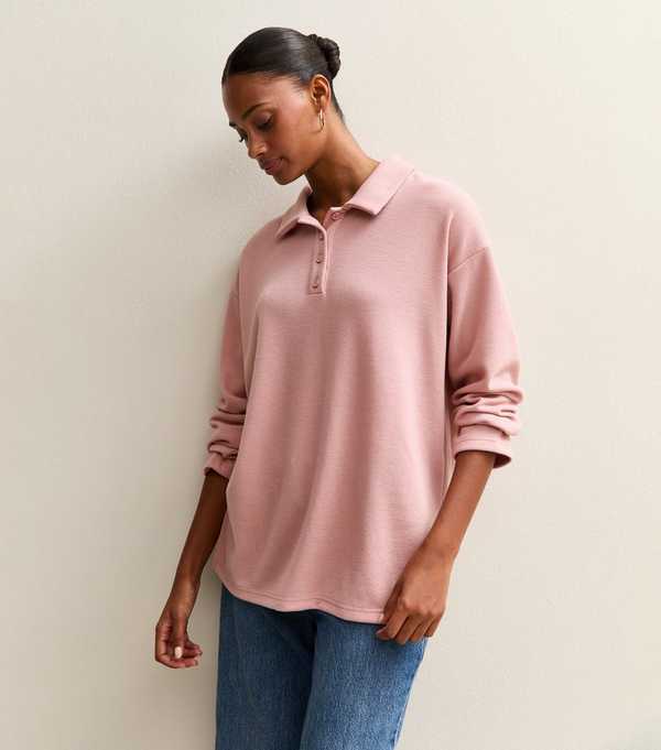 New Look Pink Soft Touch Longline Button Up Polo Top