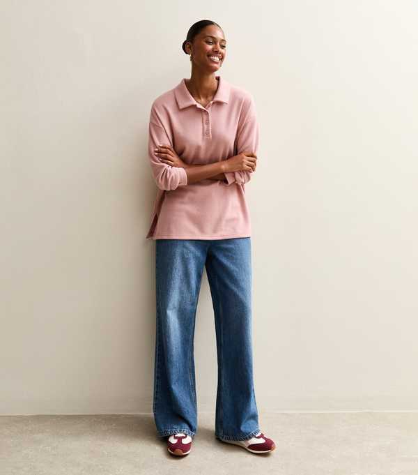 New Look Pink Soft Touch Longline Button Up Polo Top
