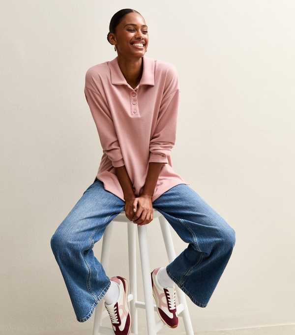 new look Pink Soft Touch Longline Button Up Polo Top