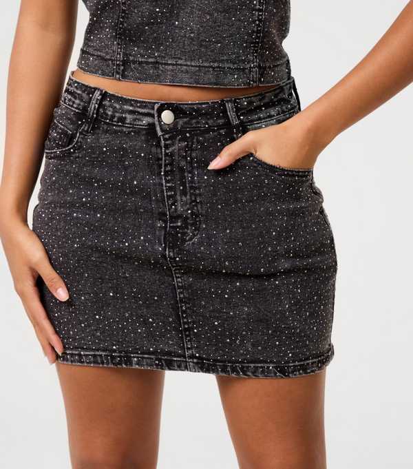 New Look Pink Vanilla Black Rhinestone Embellished Denim Skirt