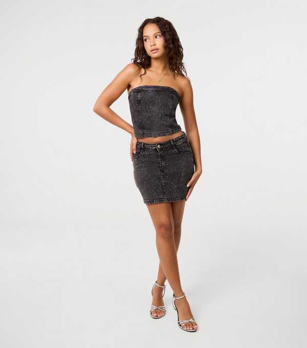 new look Pink Vanilla Black Rhinestone Embellished Denim Skirt