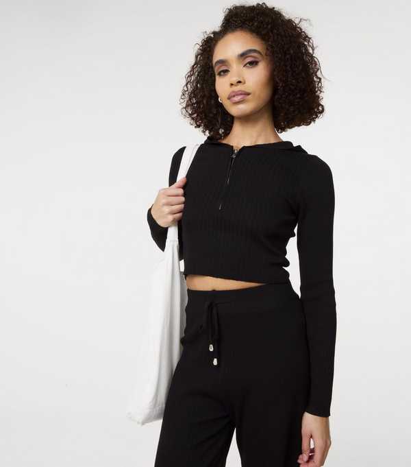 New Look Pink Vanilla Black Ribbed Half Zip Hoodie And Wide Leg Set