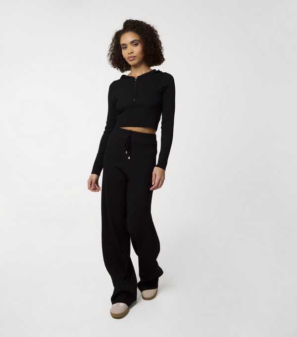 New Look Pink Vanilla Black Ribbed Half Zip Hoodie And Wide Leg Set