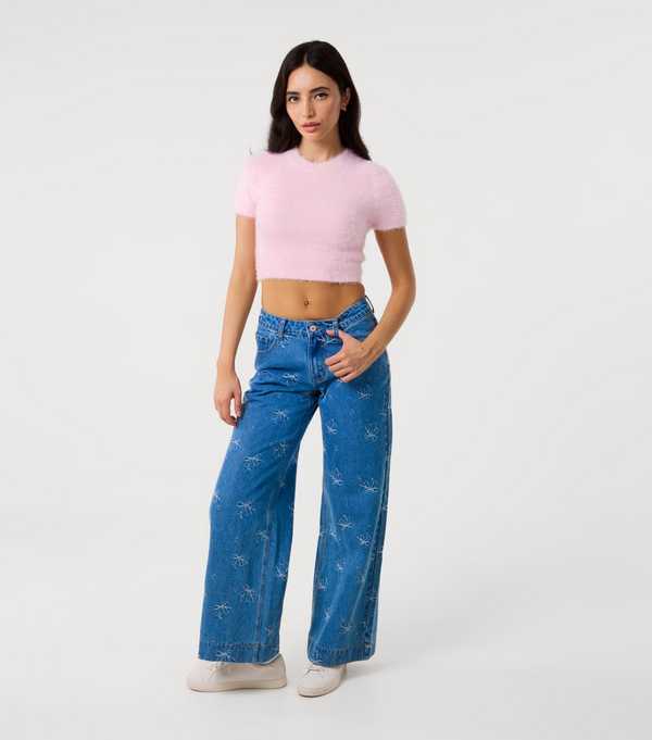 new look Pink Vanilla Blue Ribbon Bow Embroidered Jeans