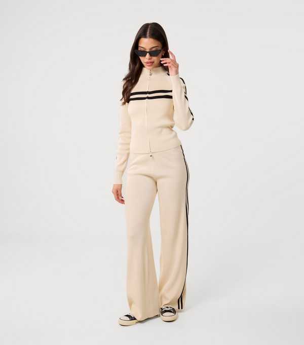 new look Pink Vanilla Stone Contrast Trim Wide Leg Trousers