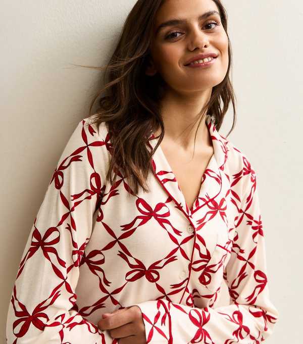 New Look Red Jersey Bow Print Revere Collar Shirt And Trousers Pyjama Set