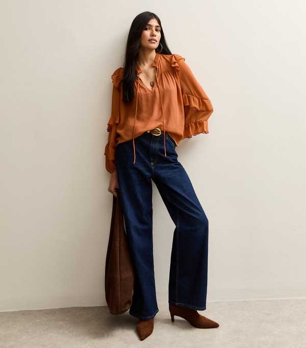 New Look Rust Chiffon Frilly Trimmed Keyhole Neck Blouse