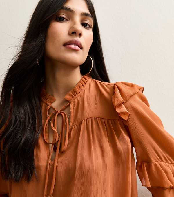 New Look Rust Chiffon Frilly Trimmed Keyhole Neck Blouse