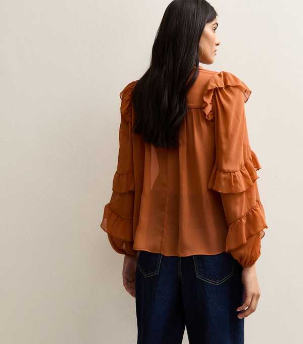 New Look Rust Chiffon Frilly Trimmed Keyhole Neck Blouse