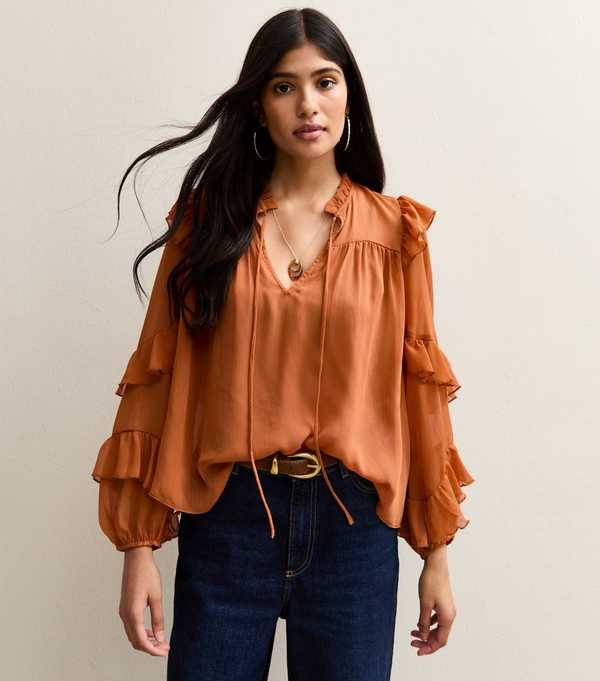 new look Rust Chiffon Frilly Trimmed Keyhole Neck Blouse