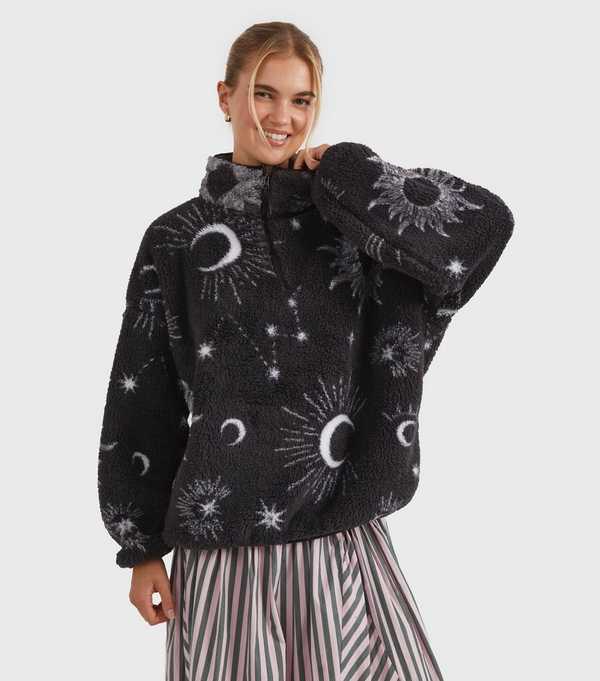 new look Skinnydip Black Celestial Pattern Fleece Sweatshirt