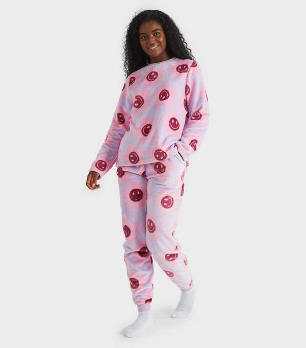 New Look Skinnydip Lilac Happy Flower Two Piece Fleece Pyjama Set
