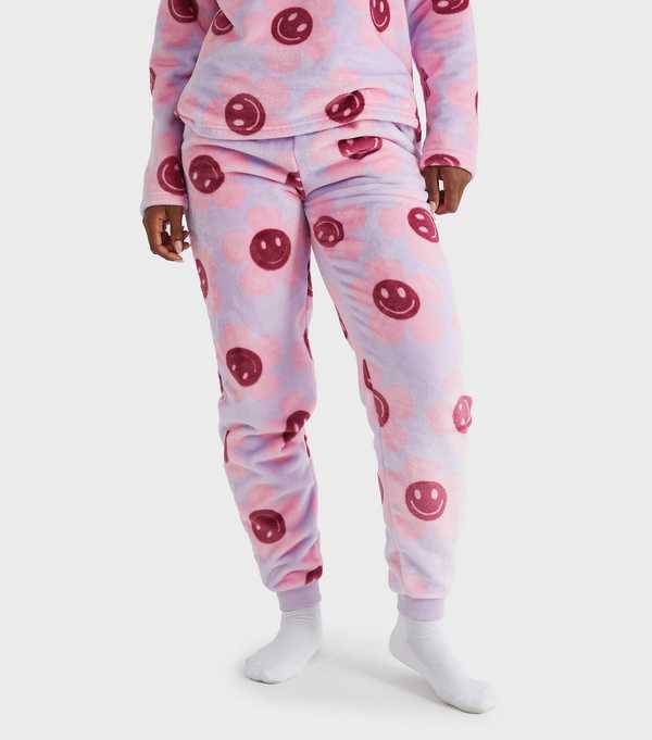 New Look Skinnydip Lilac Happy Flower Two Piece Fleece Pyjama Set