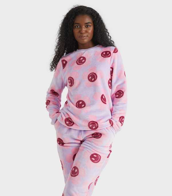 new look Skinnydip Lilac Happy Flower Two Piece Fleece Pyjama Set