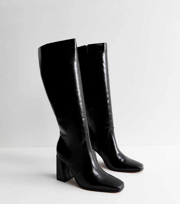 New Look Slim Calf Fit Black Faux Leather Knee High Boots