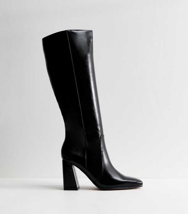 new look Slim Calf Fit Black Faux Leather Knee High Boots