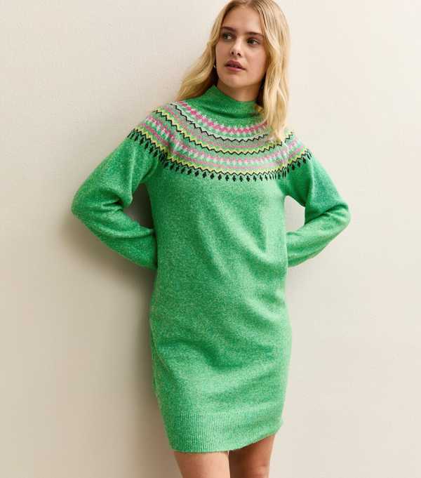 new look Sunshine Soul Green Fair Isle Jumper Dress