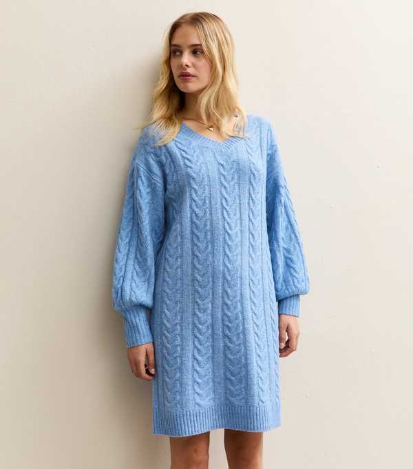 New Look Sunshine Soul Mid Blue Cable Knit Jumper Dress