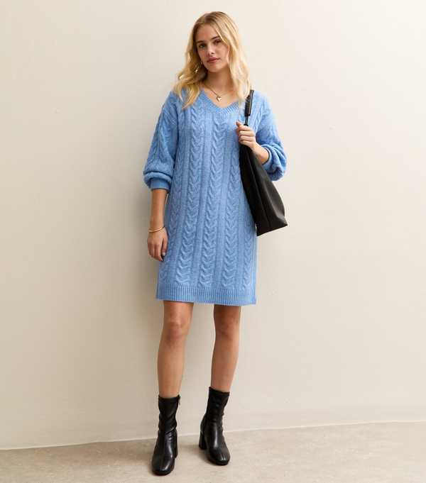 new look Sunshine Soul Mid Blue Cable Knit Jumper Dress