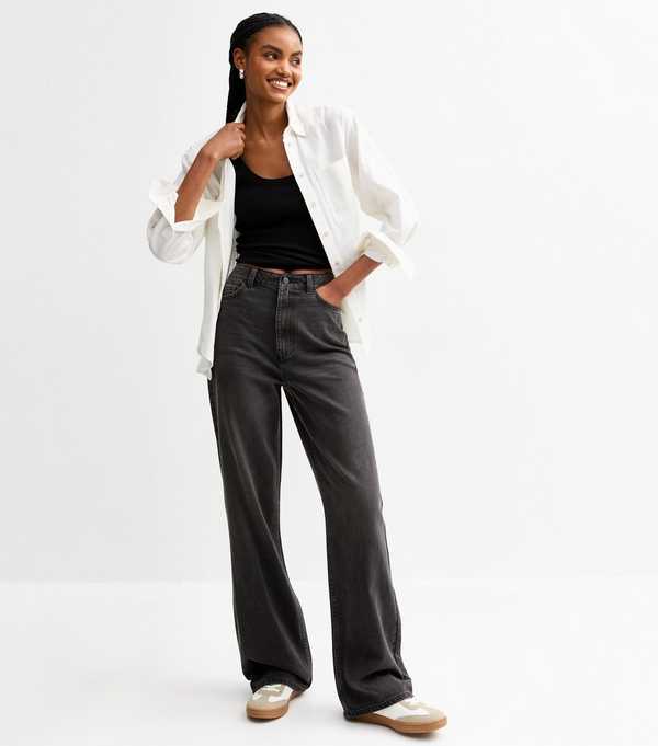 new look Tall Washed Black High Waist Adalae Wide Leg Jeans