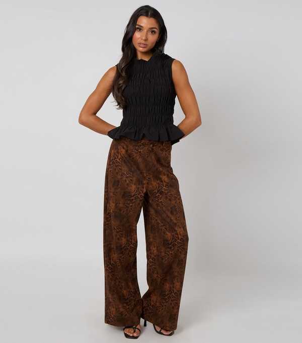 new look Urban Bliss Brown Faux Suede Animal Print Trousers