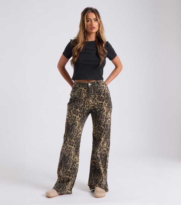 New Look Urban Bliss Brown Leopard Denim Wide Leg Jeans